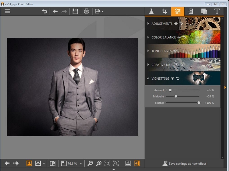 Man Suit Photo Editor for PC-Carry out the Vignetting Option 